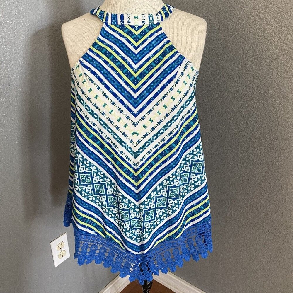 JW Style Blouse Size Small Sleeveless Lightweight White‎ Blue Lace Summer Top